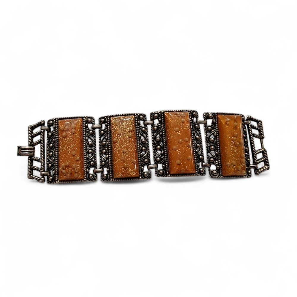Vintage amber tone resin confetti panel bracelet